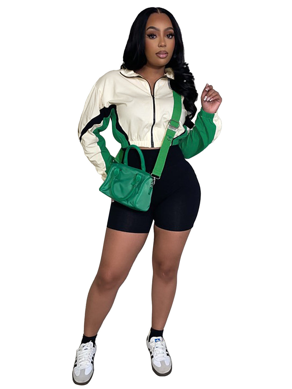 Patchwork Contrast Zippered Shorts Sports Two-Piece Set