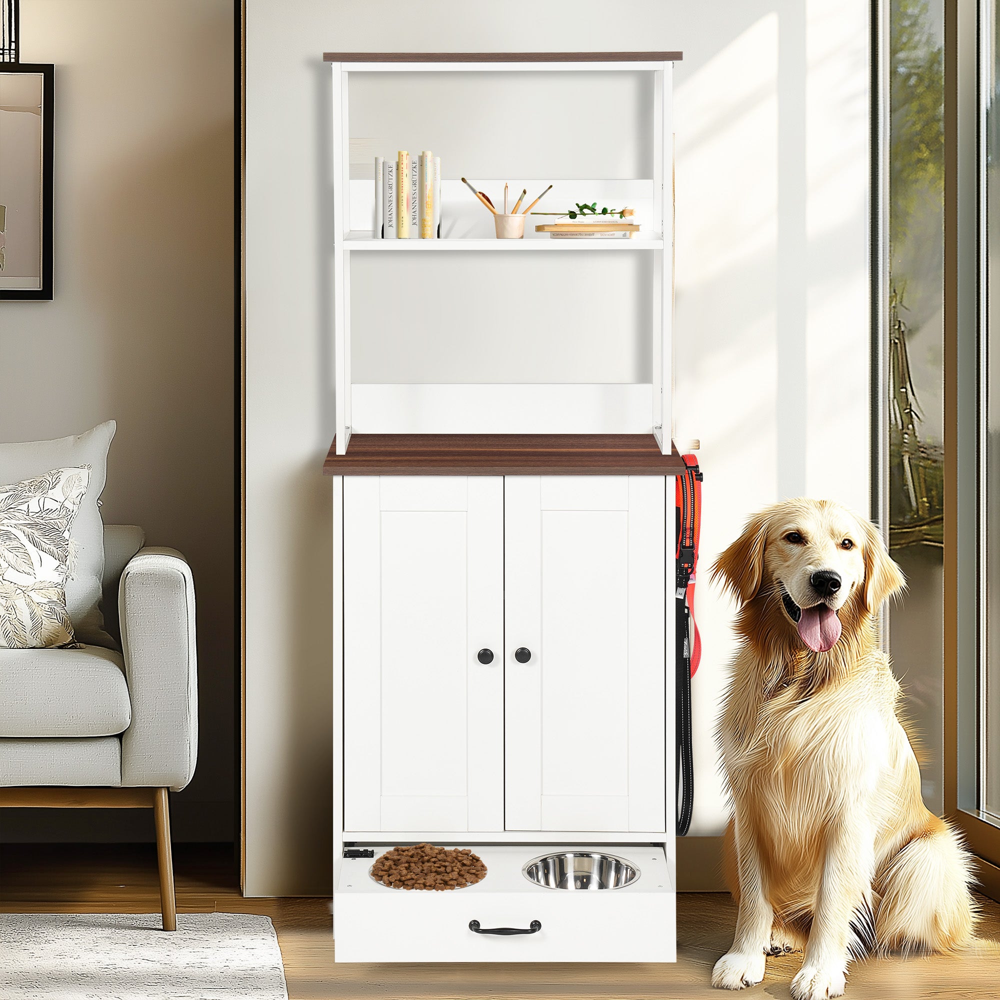 Pet Feeding Station with Storage & Adjustable Shelves
