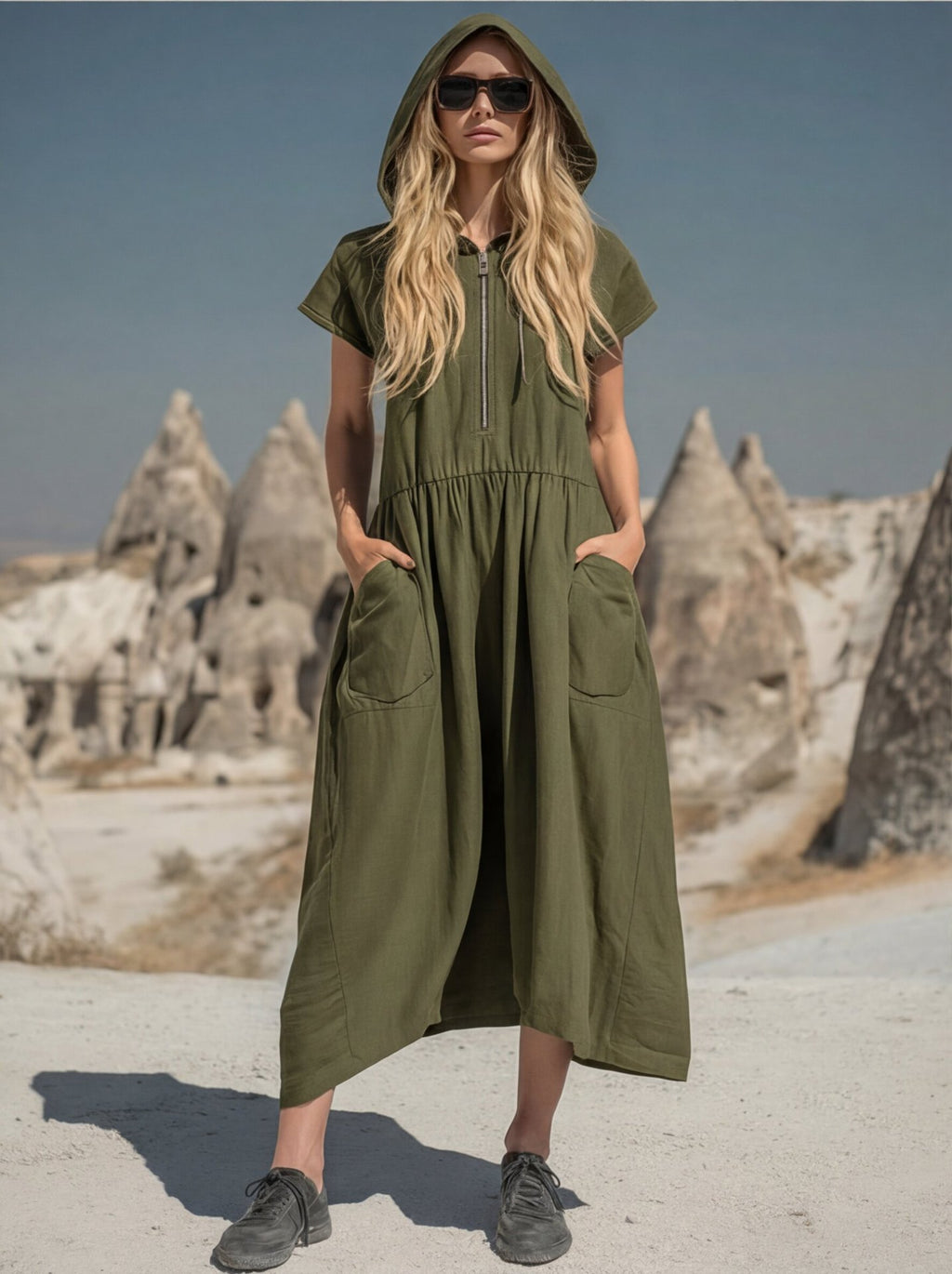 Hooded Half-Zip Mid-Length Dress – Cozy Casual Style