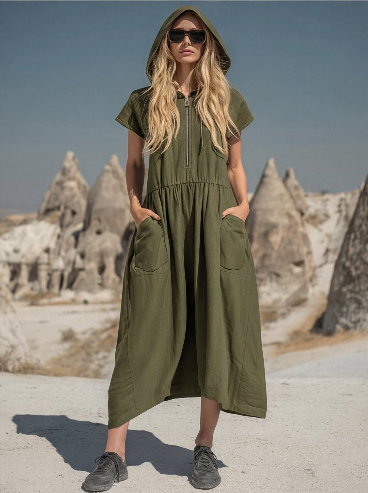 Hooded Half-Zip Mid-Length Dress