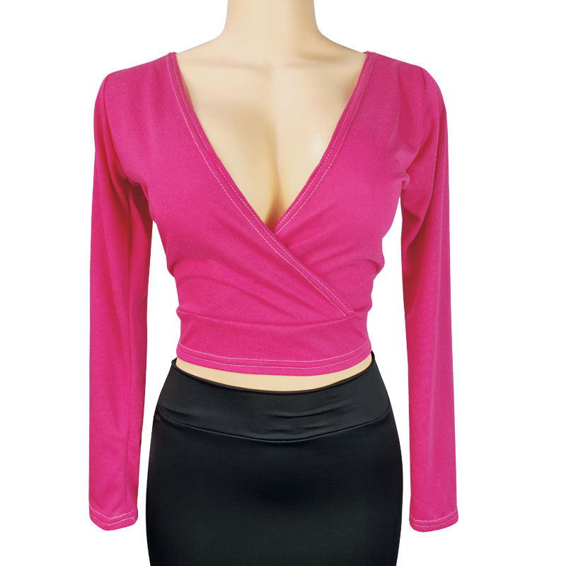 Deep V-Neck Long-Sleeve Bodycon Top