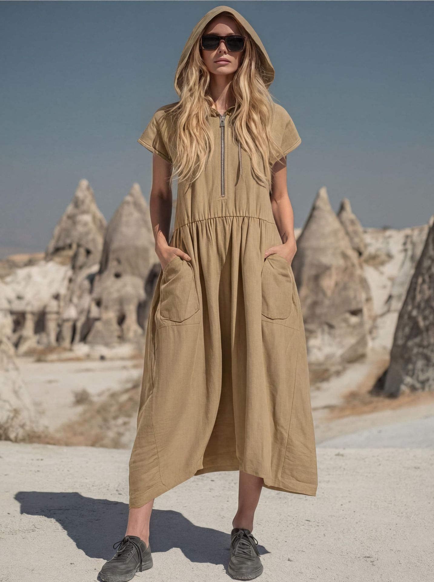 Hooded Half-Zip Mid-Length Dress