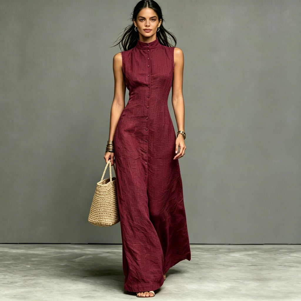 Sleeveless Maxi Dress with Stand-Up Collar