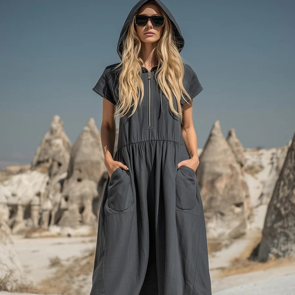 Hooded Half-Zip Mid-Length Dress – Cozy Casual Style