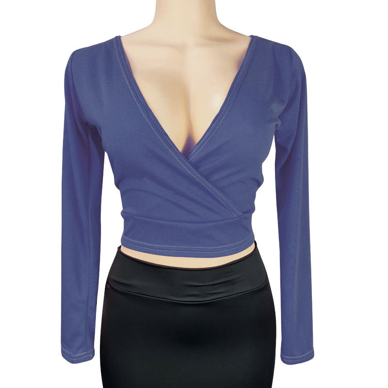 Deep V-Neck Long-Sleeve Bodycon Top