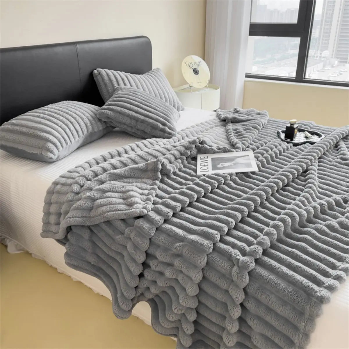 Solid Color Wide Striped Multifunctional Blanket