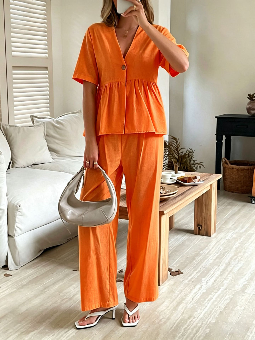 V-Neck Loose-Fit Two-Piece Set with Wide-Leg Pants