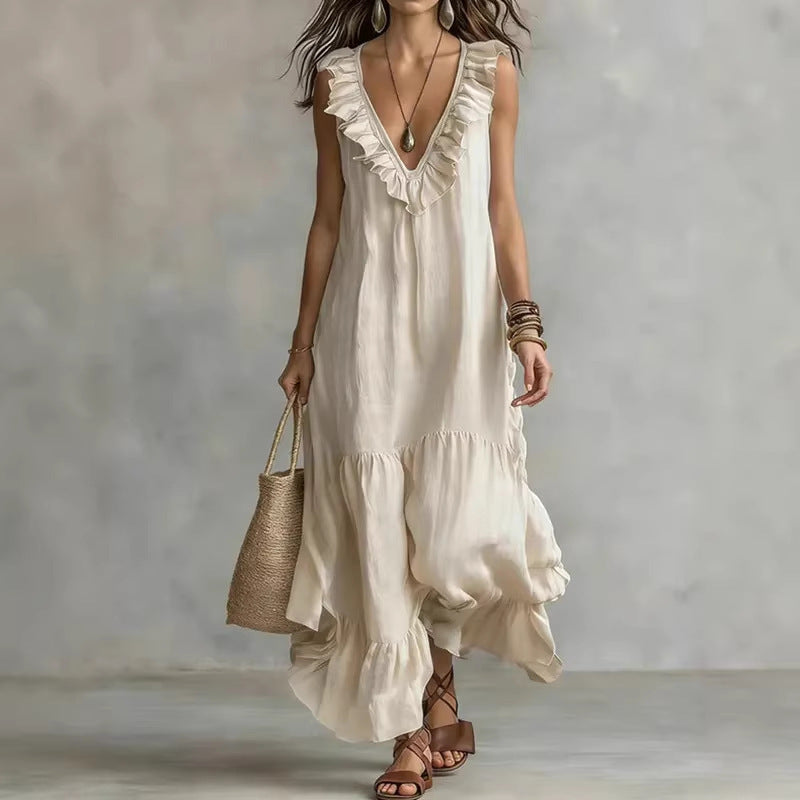 Lace-Trimmed Sleeveless Maxi Dress – Loose Fit