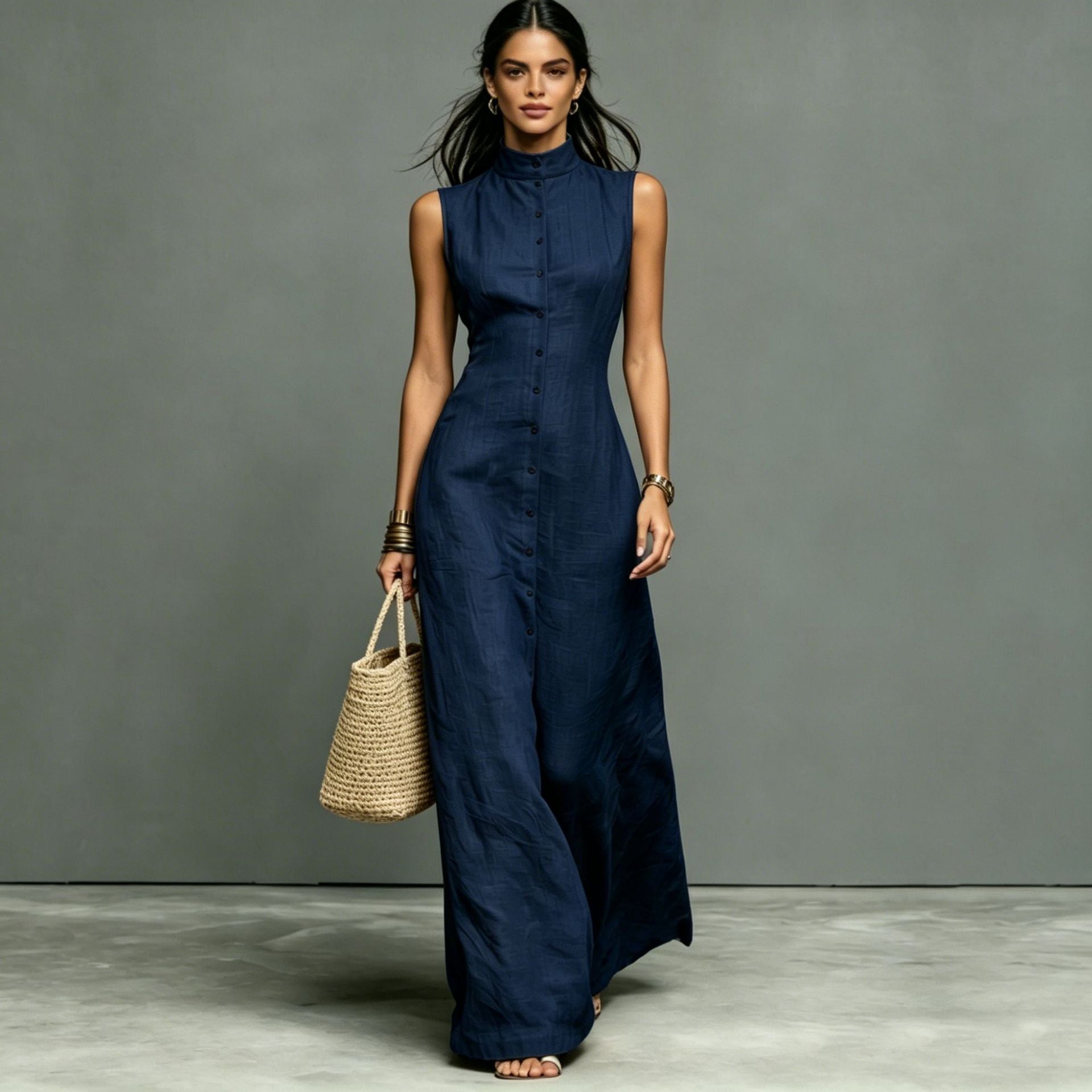 Sleeveless Maxi Dress with Stand-Up Collar