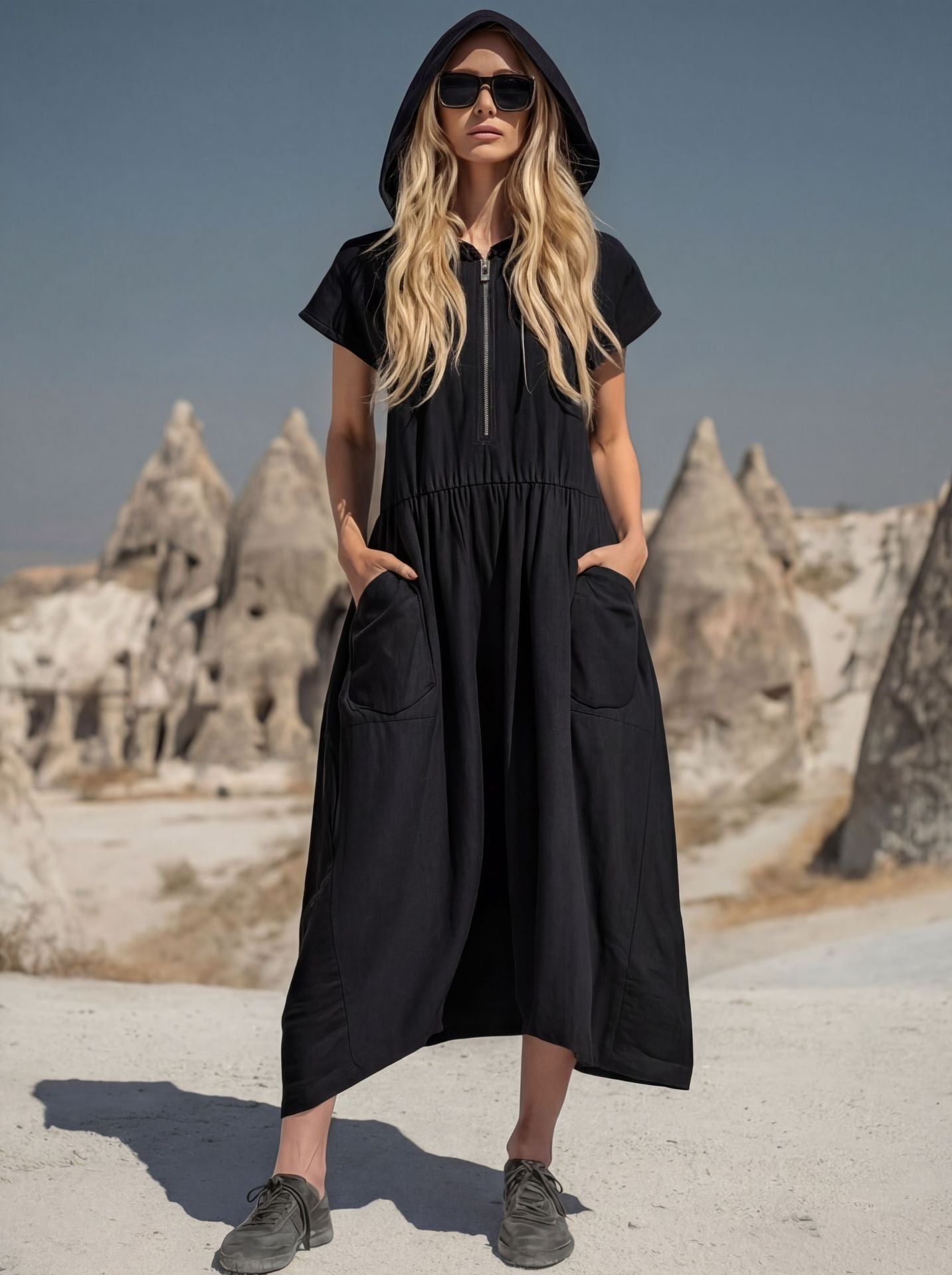 Hooded Half-Zip Mid-Length Dress