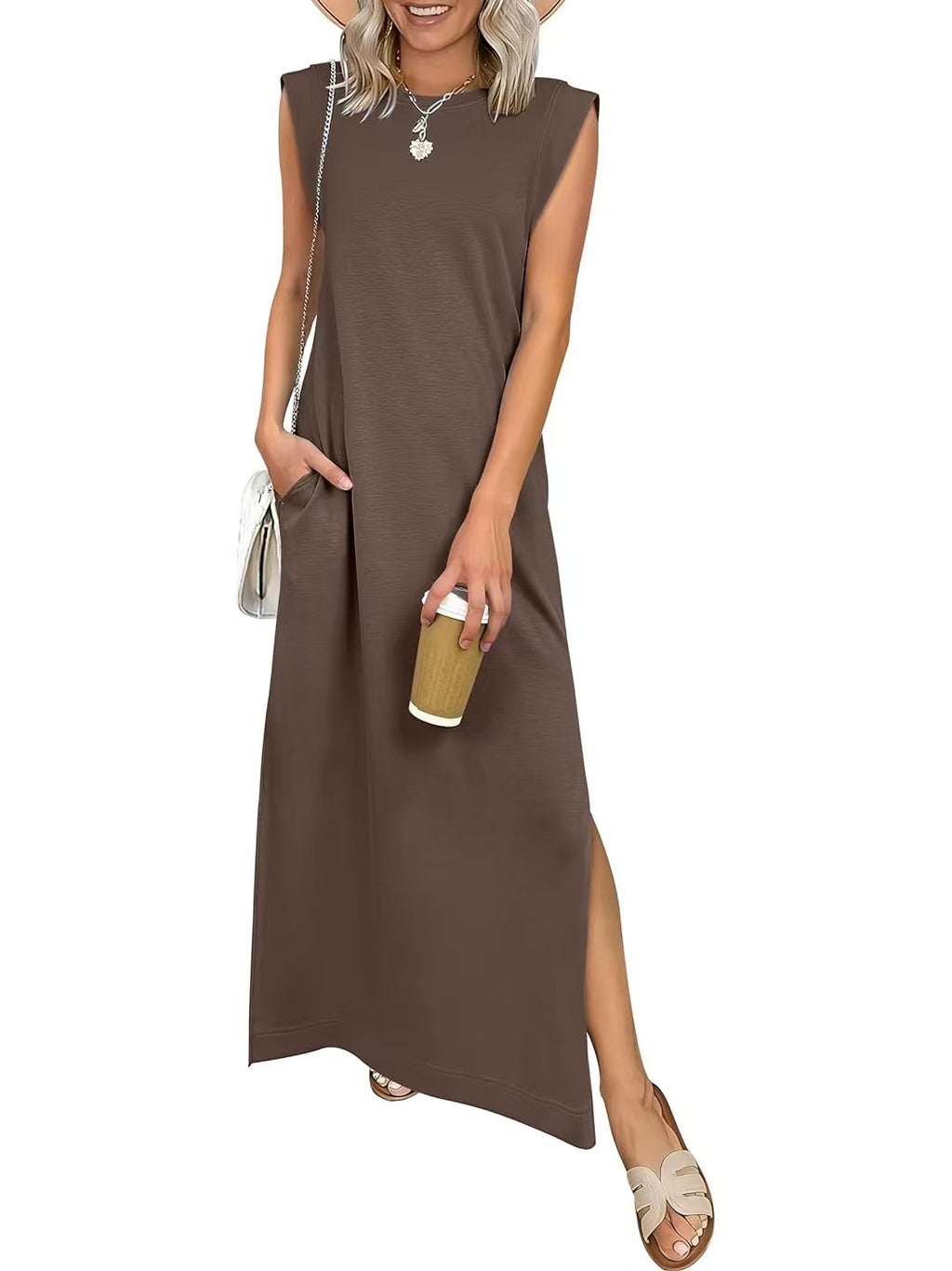 Women's Round Neck Raglan Sleeve Pocket Long Dress