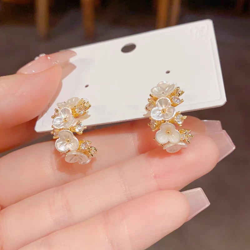 C-Shaped Diamond Flower Earrings for Women