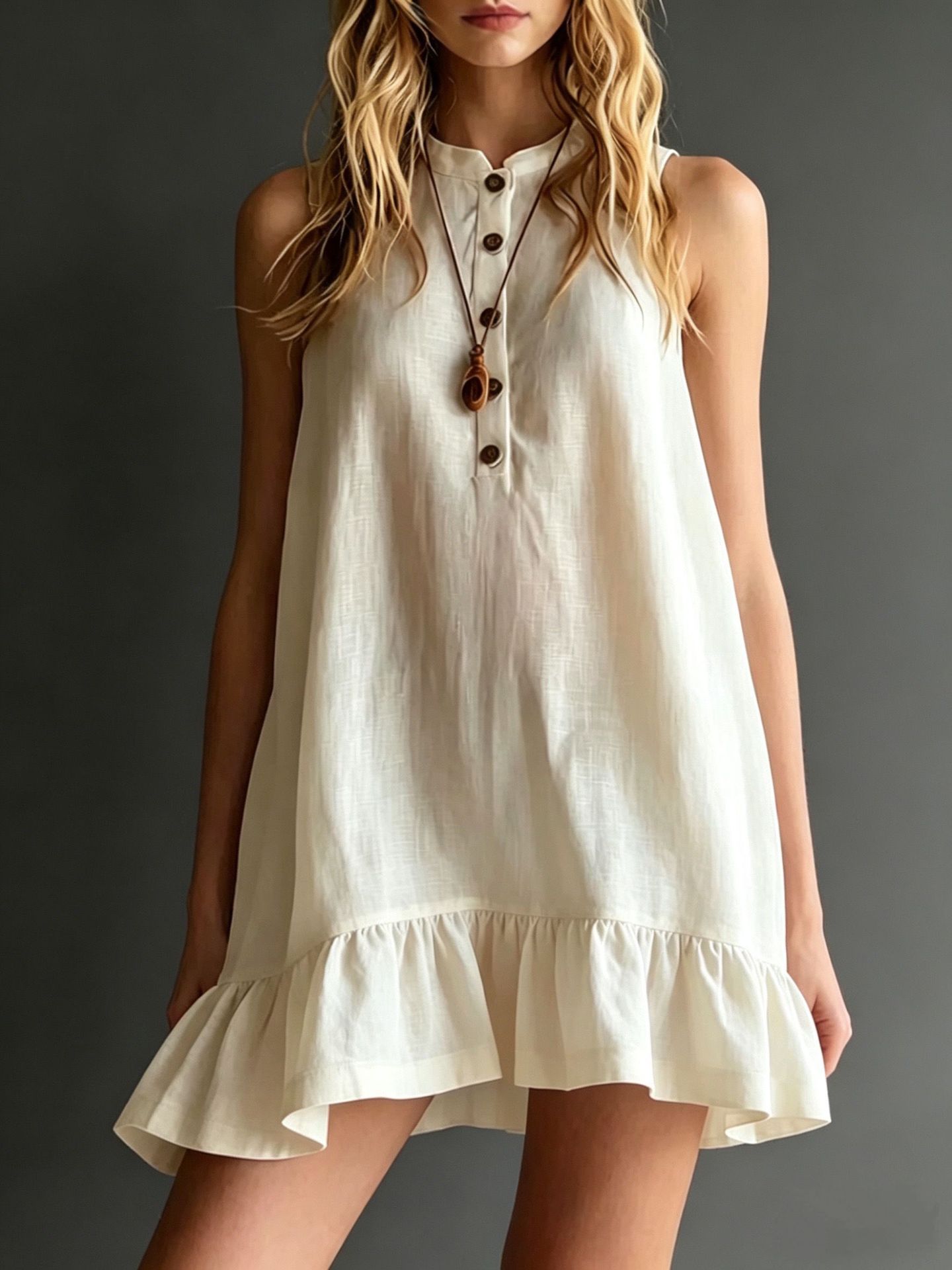 Cotton-Linen Midi Dress with Stand Collar & Ruffles - Apex Goods Co