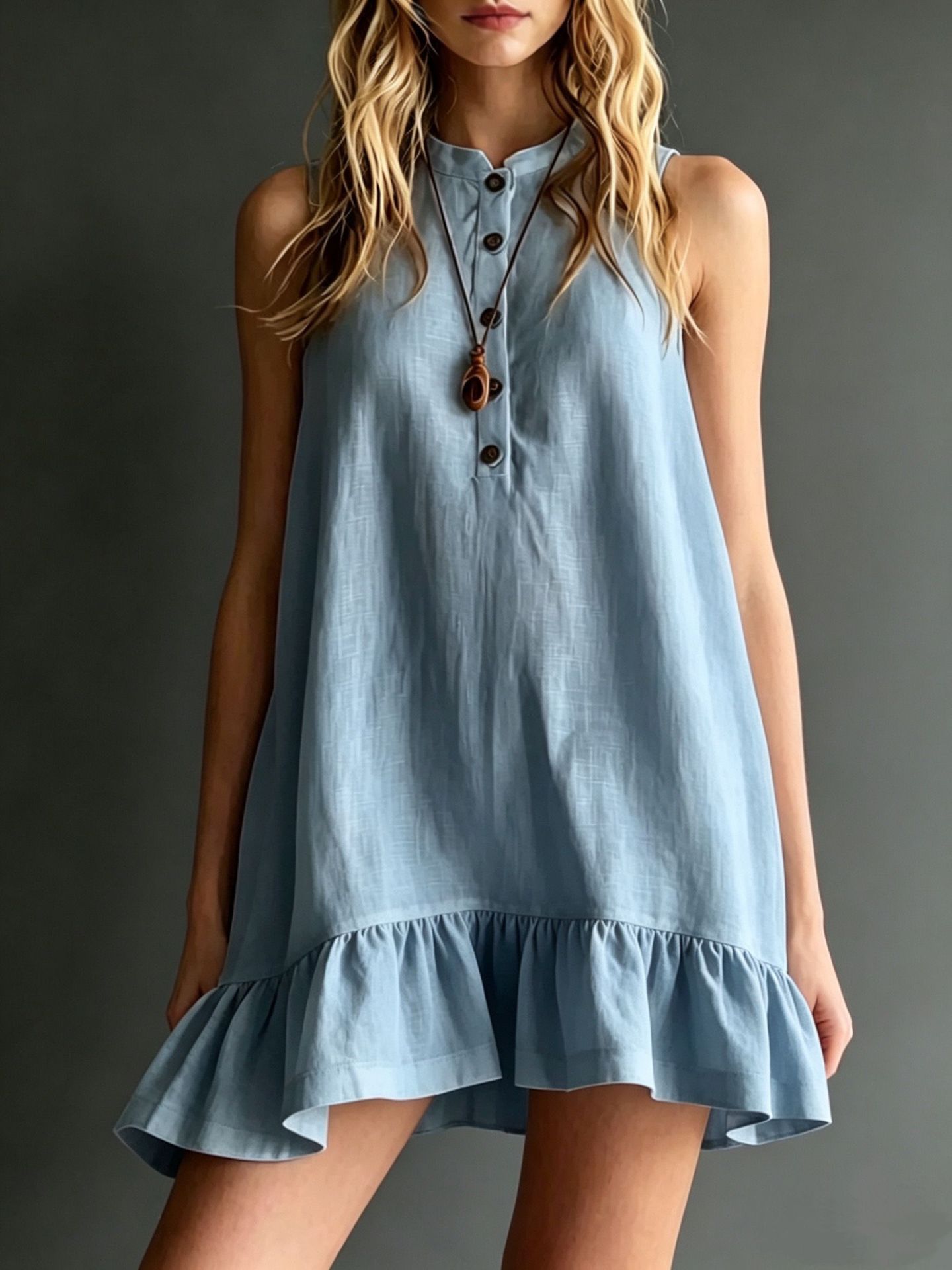 Cotton-Linen Midi Dress with Stand Collar & Ruffles - Apex Goods Co