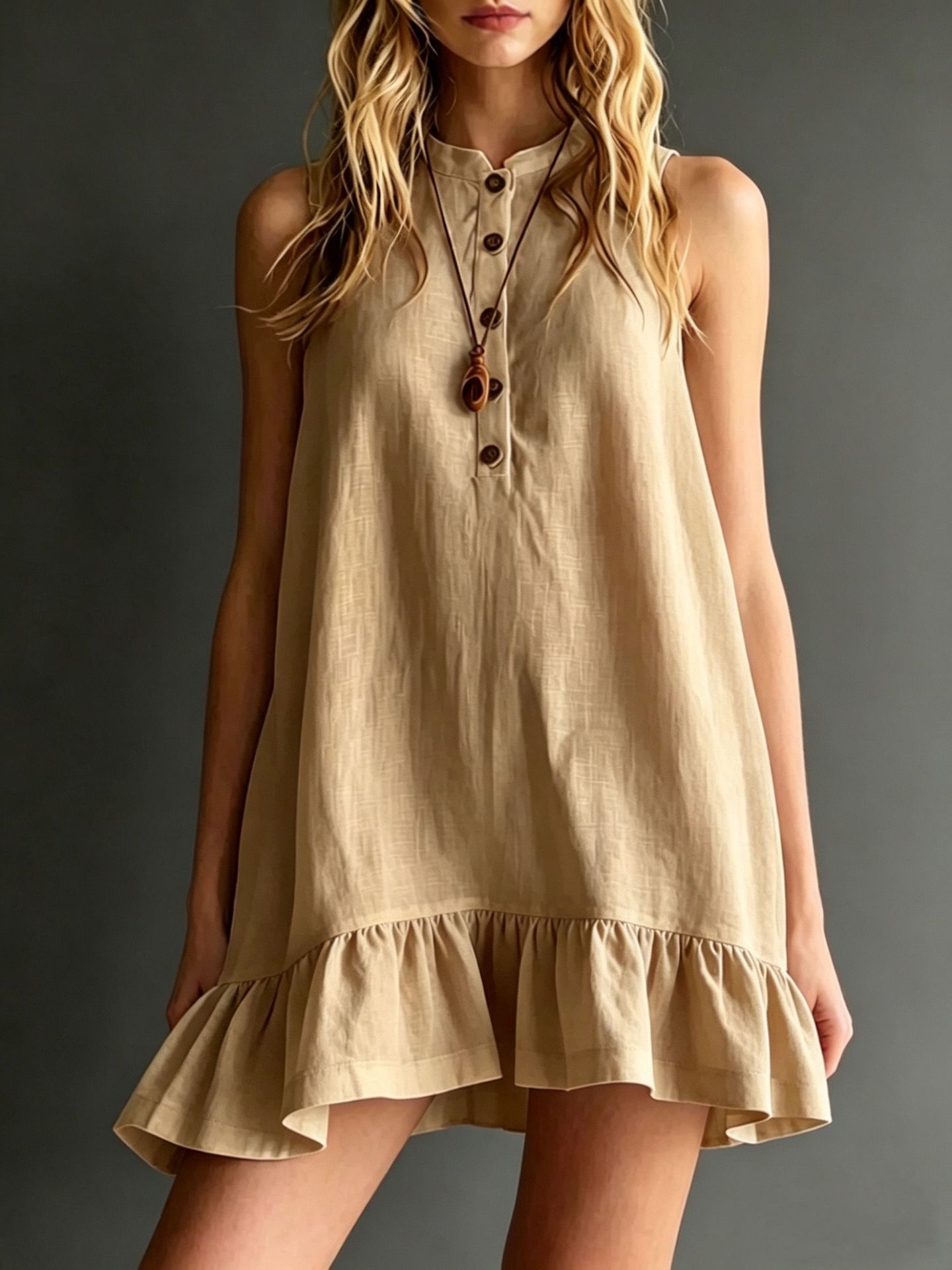 Cotton-Linen Midi Dress with Stand Collar & Ruffles - Apex Goods Co