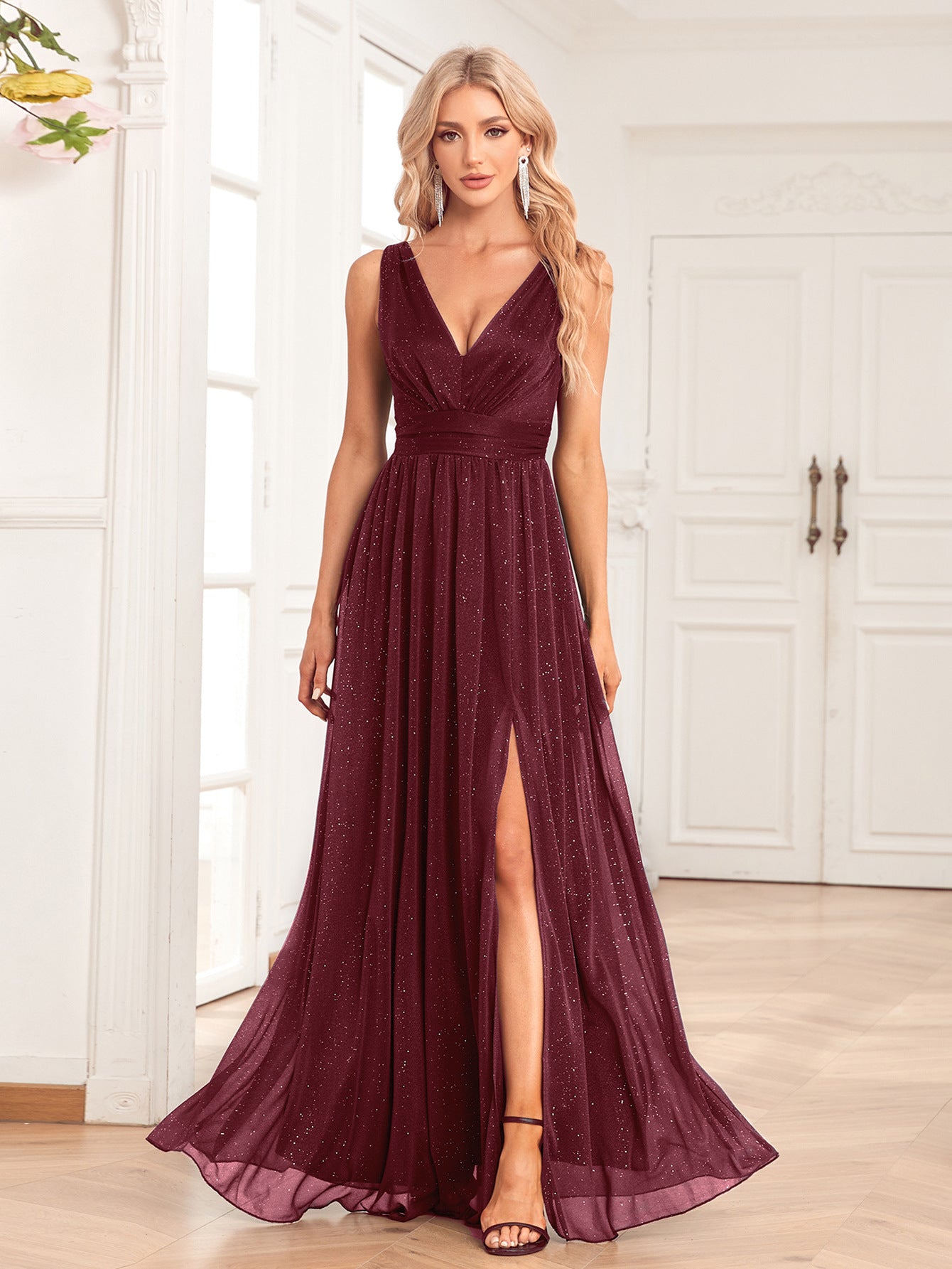 Double V-Neck A-Line Floor-Length Dress with Side Slits - Apex Goods Co