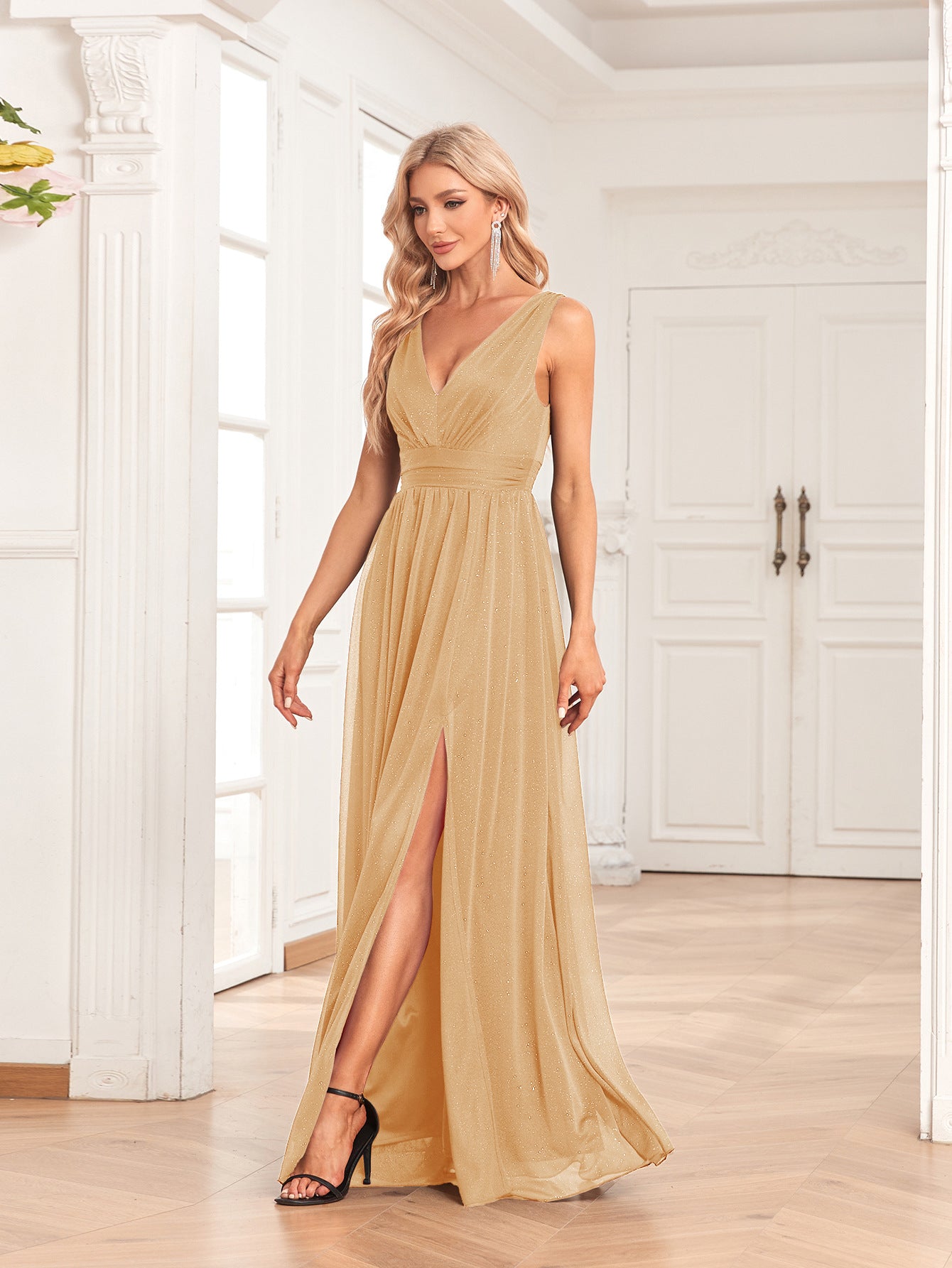 Double V-Neck A-Line Floor-Length Dress with Side Slits - Apex Goods Co