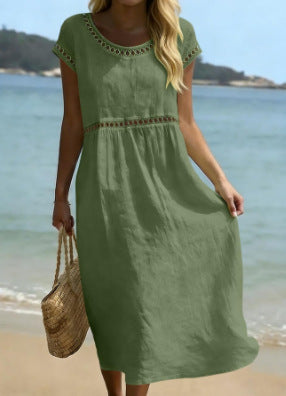 Elegant Round-Neck Cotton-Linen Dress with Lace Trim