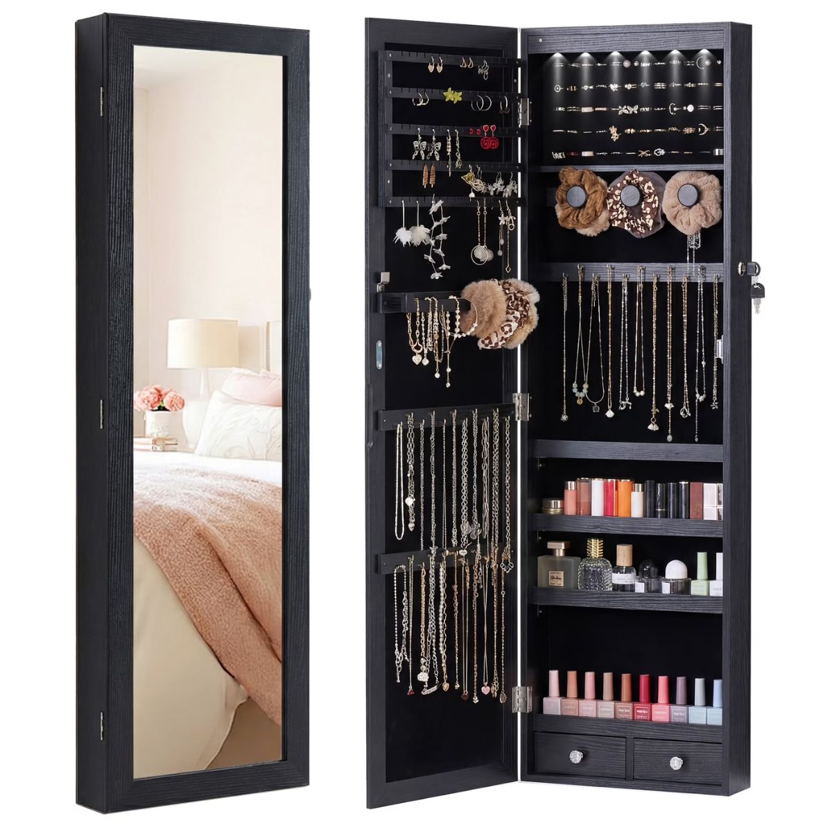 Full-Length Mirror Jewelry Armoire with LED Lights