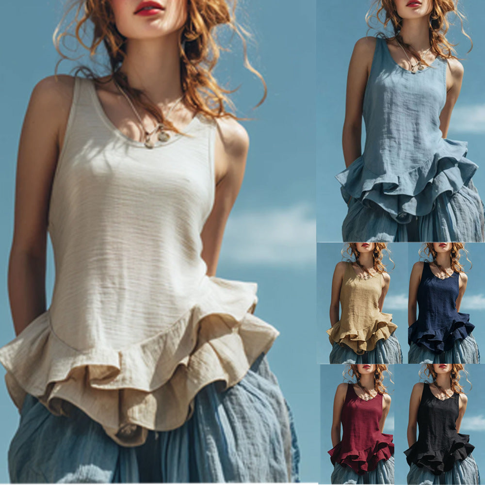 Casual Sleeveless Top with Ruffled Hem