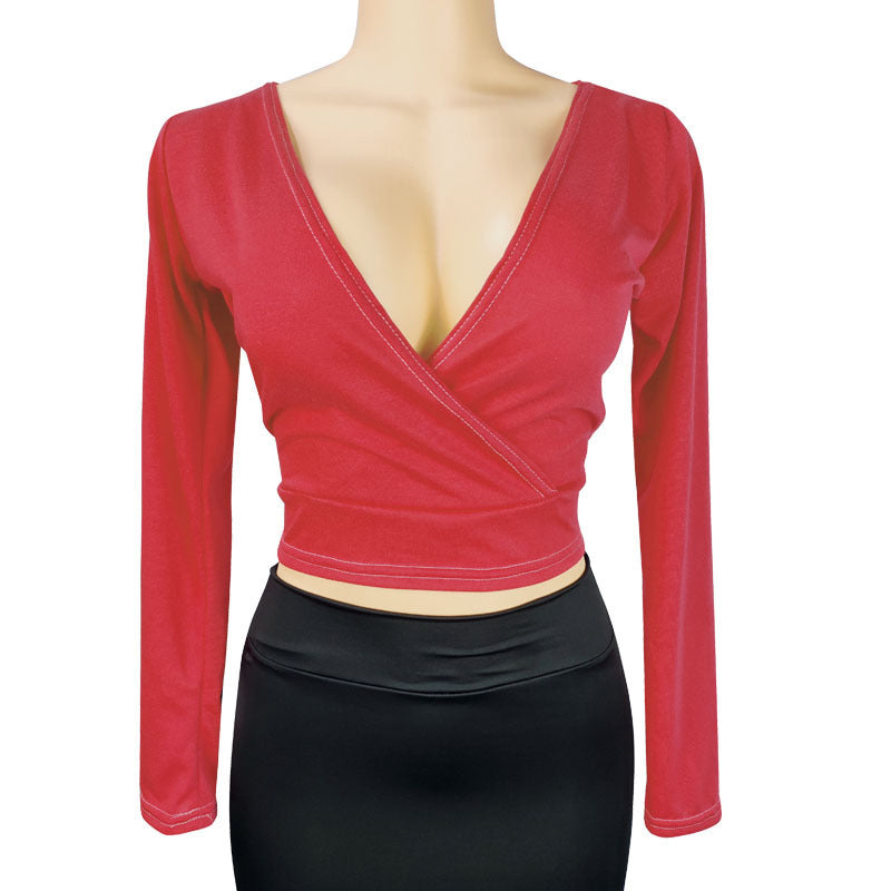 Deep V-Neck Long-Sleeve Bodycon Top