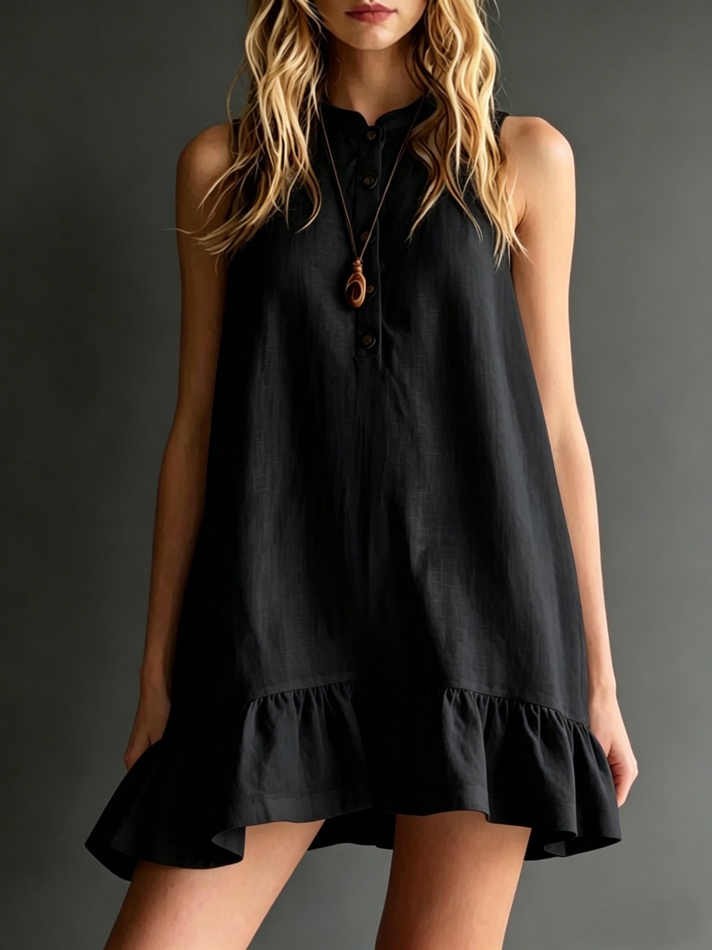 Cotton-Linen Midi Dress with Stand Collar & Ruffles