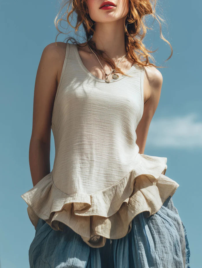 Casual Sleeveless Top with Ruffled Hem