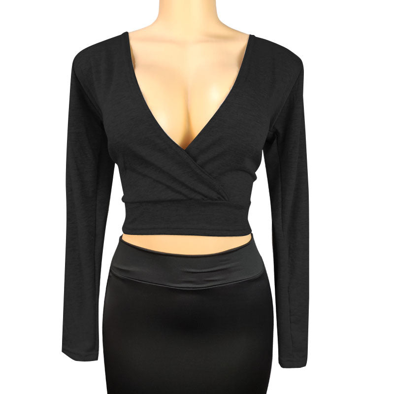 Deep V-Neck Long-Sleeve Bodycon Top