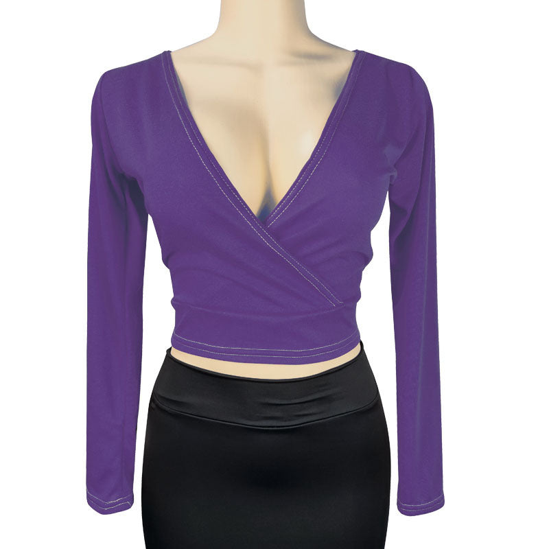 Deep V-Neck Long-Sleeve Bodycon Top