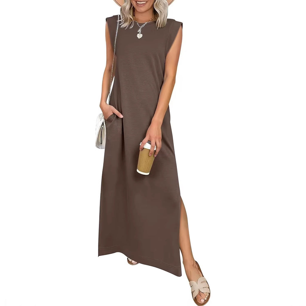 womens round neck raglan sleeve pocket long dress