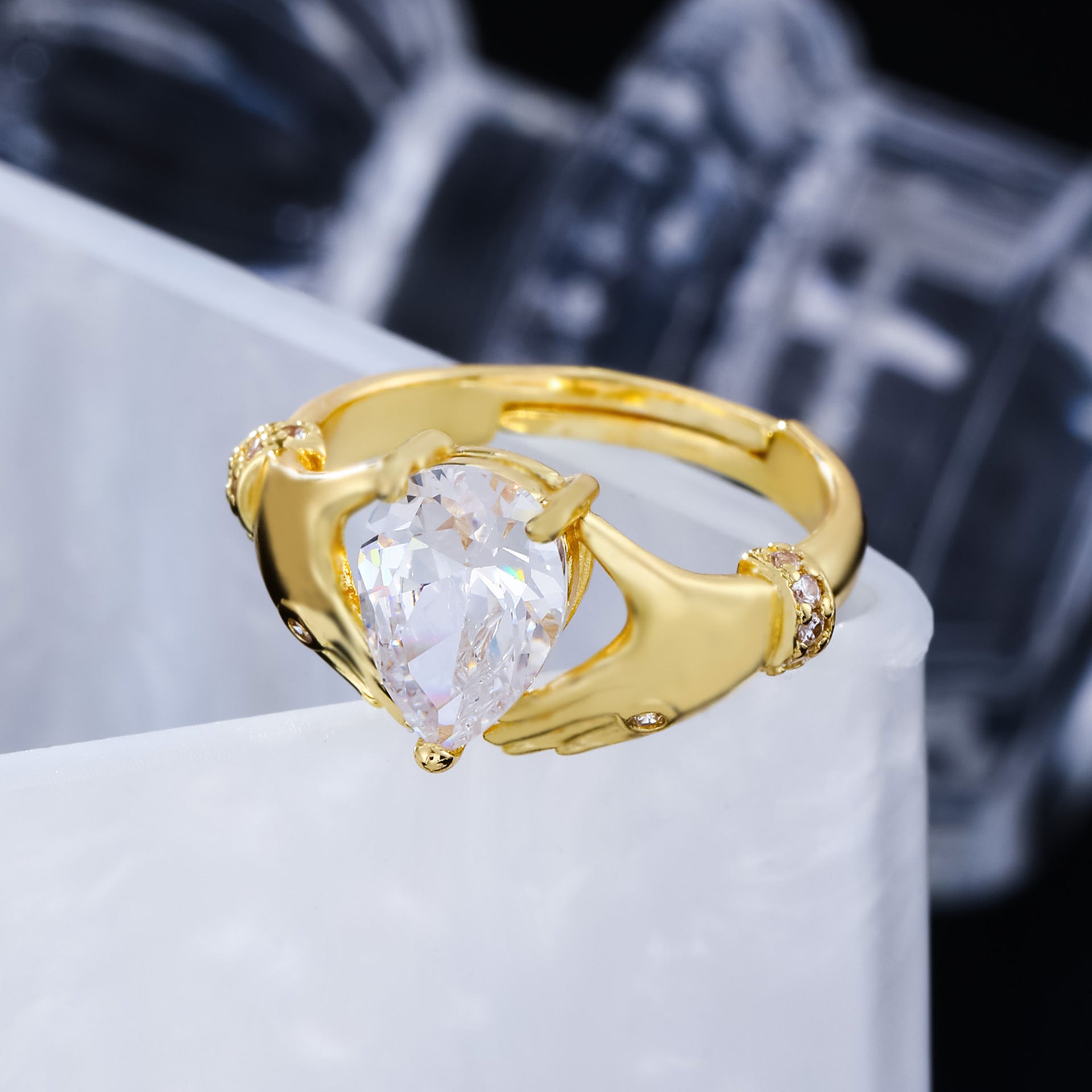 water drop rhinestone adjustable open ring