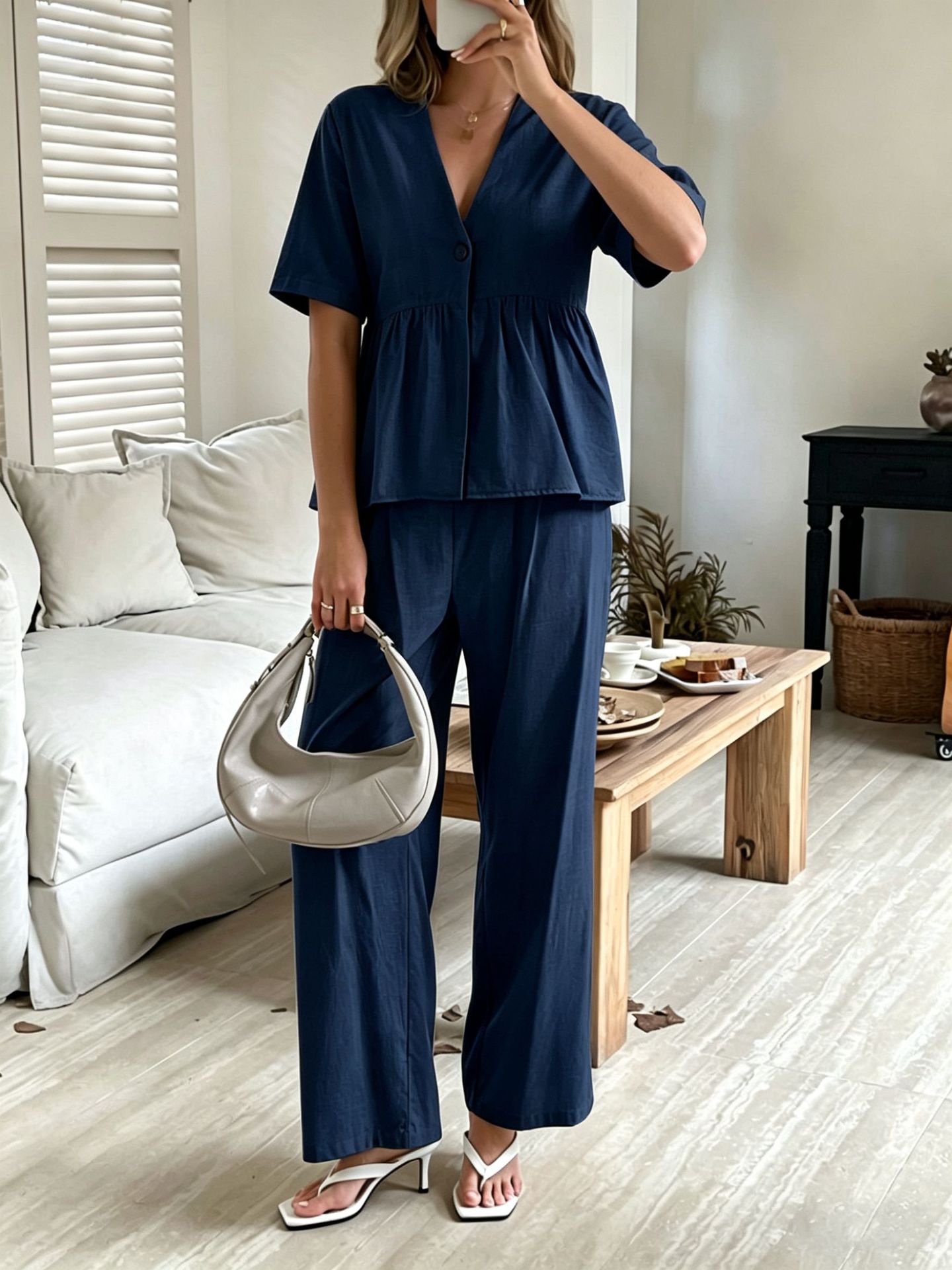 V-Neck Loose-Fit Two-Piece Set with Wide-Leg Pants