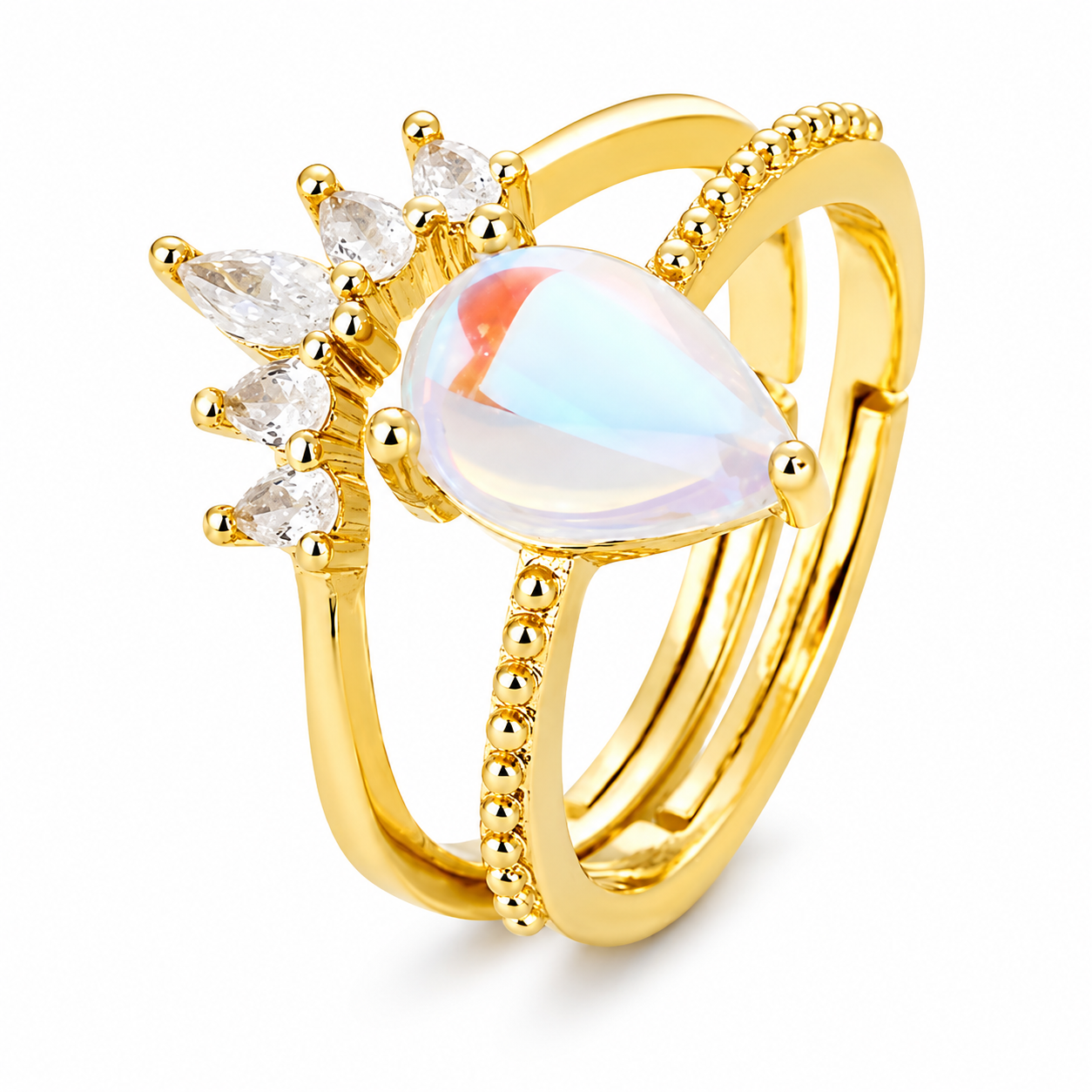 Crown Teardrop Opalescent CZ Three-Band Adjustable Ring
