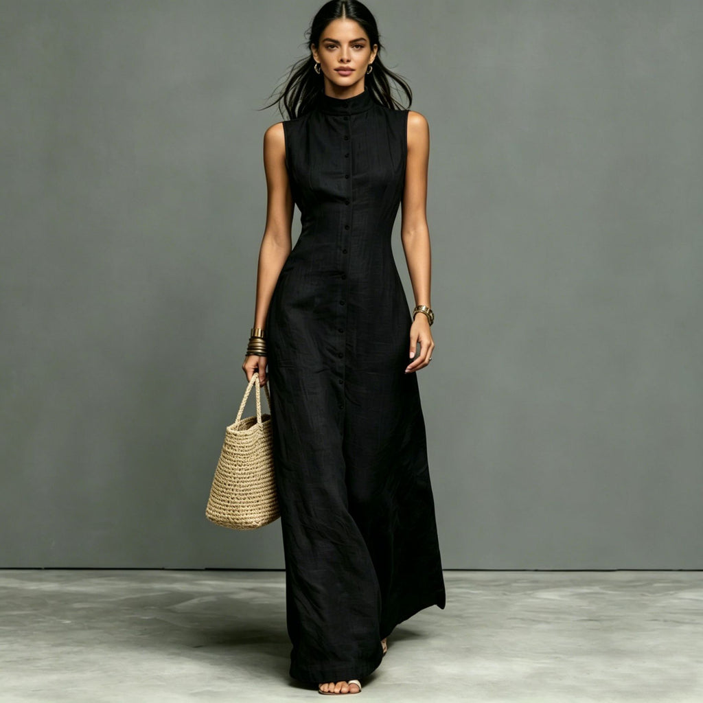 Sleeveless Maxi Dress with Stand-Up Collar