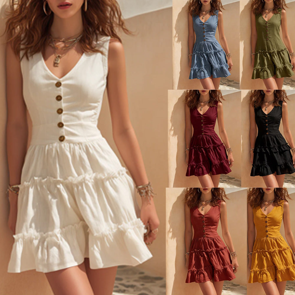 Sleeveless Linen Button-Up Casual Dress
