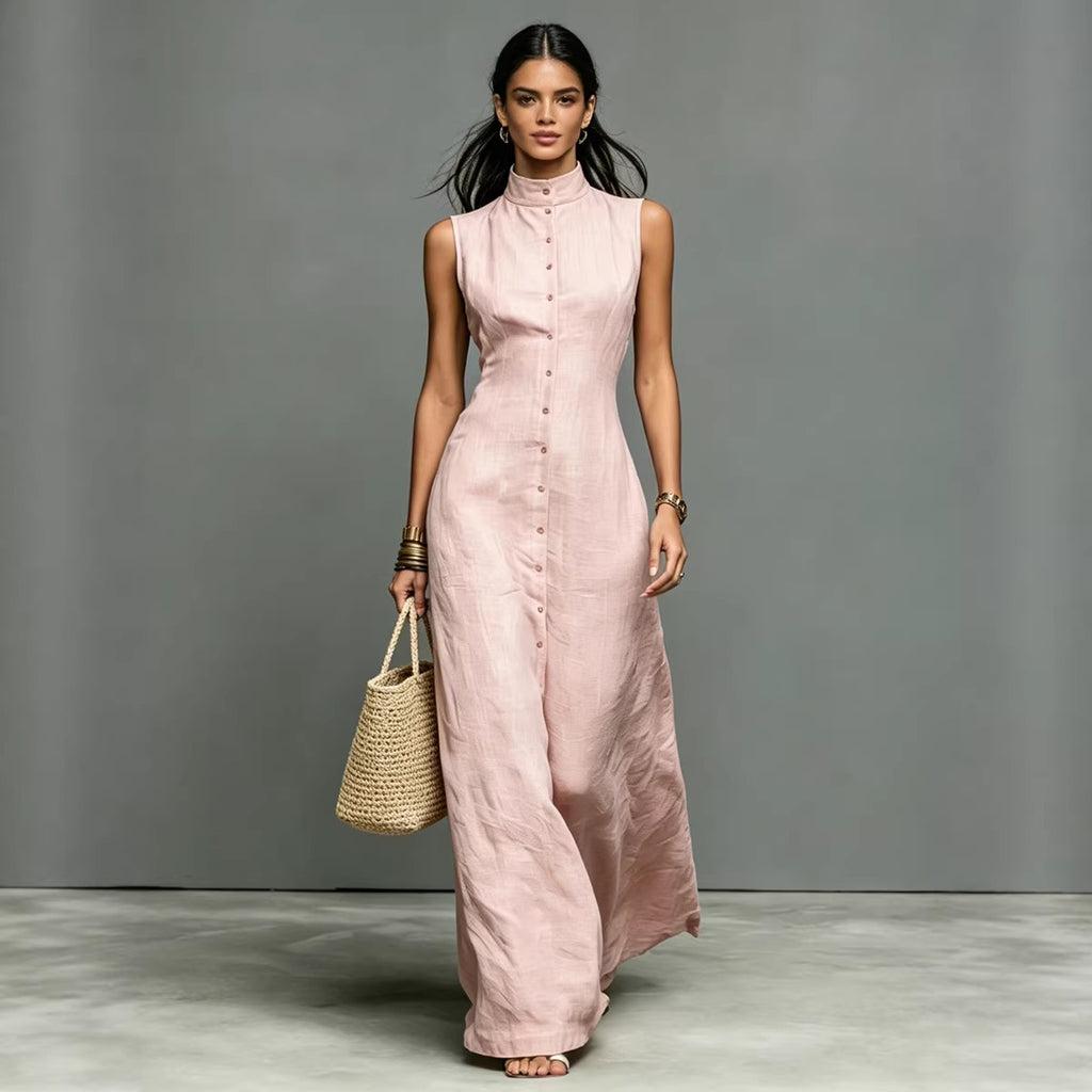 Sleeveless Maxi Dress with Stand-Up Collar