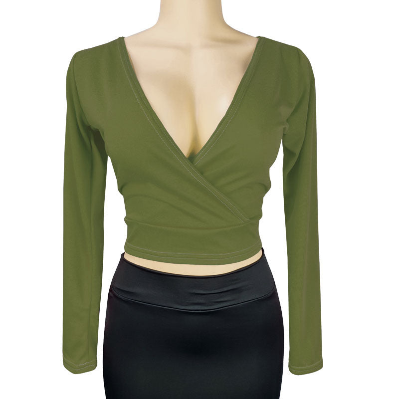 Deep V-Neck Long-Sleeve Bodycon Top