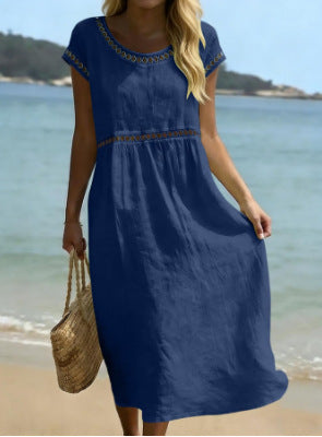 Elegant Round-Neck Cotton-Linen Dress with Lace Trim