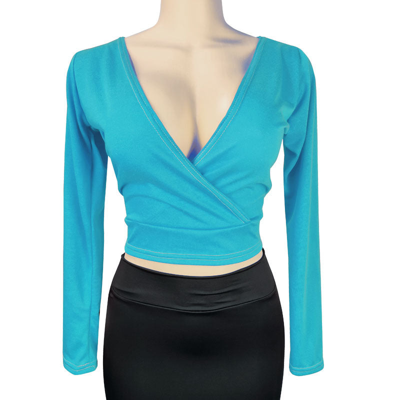 Deep V-Neck Long-Sleeve Bodycon Top