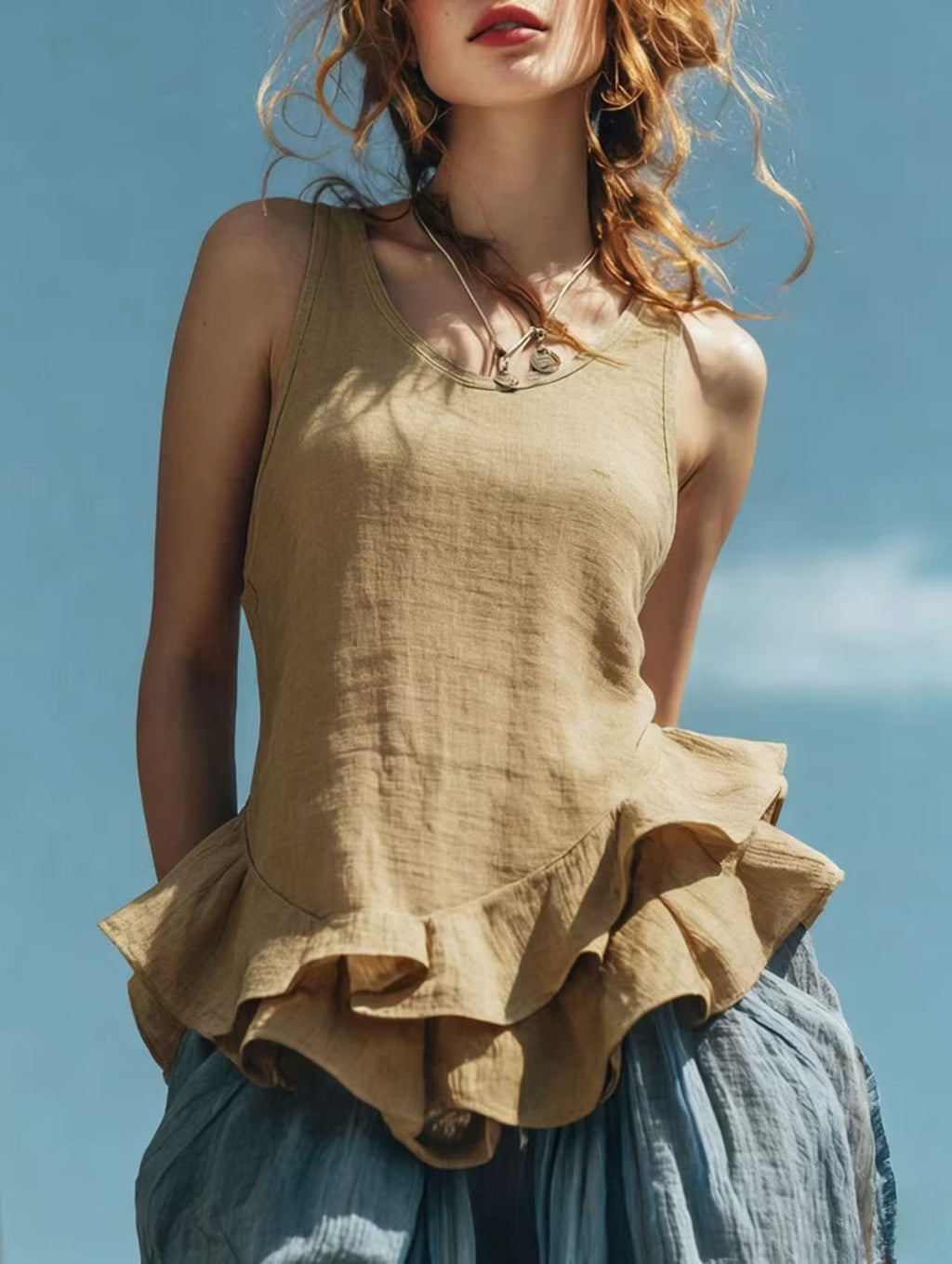 Casual Sleeveless Top with Ruffled Hem