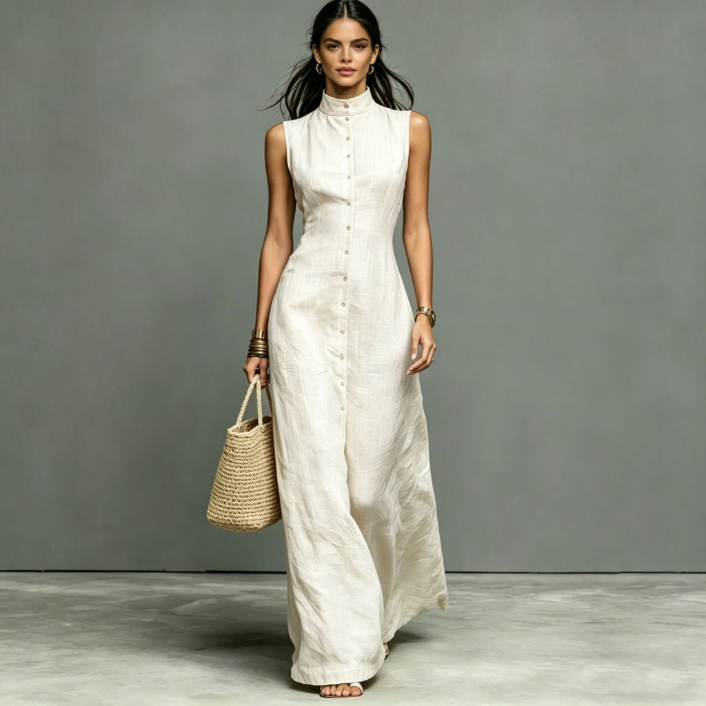 Sleeveless Maxi Dress with Stand-Up Collar
