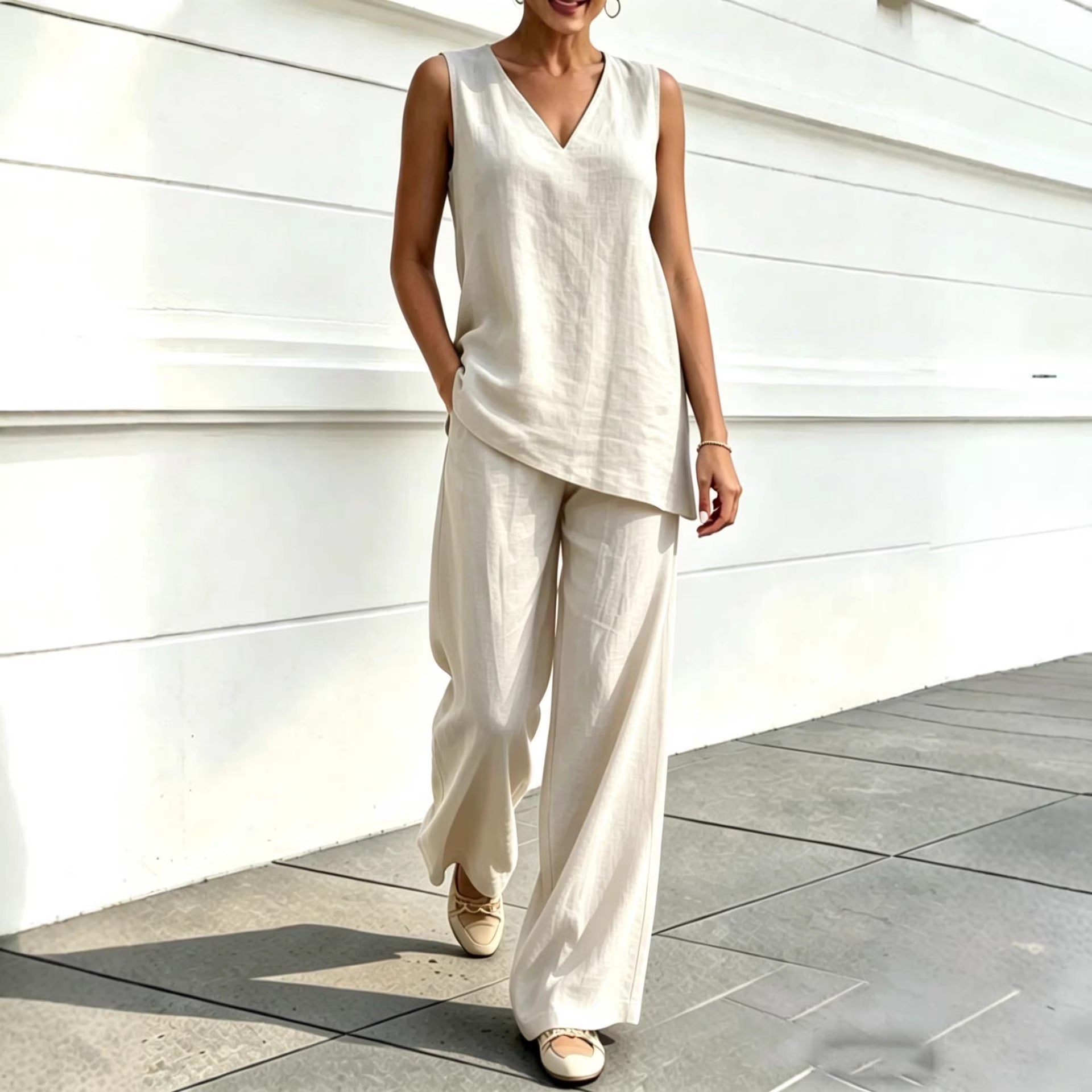 Women's Linen Cotton V-Neck Top & Wide-Leg Pants Set