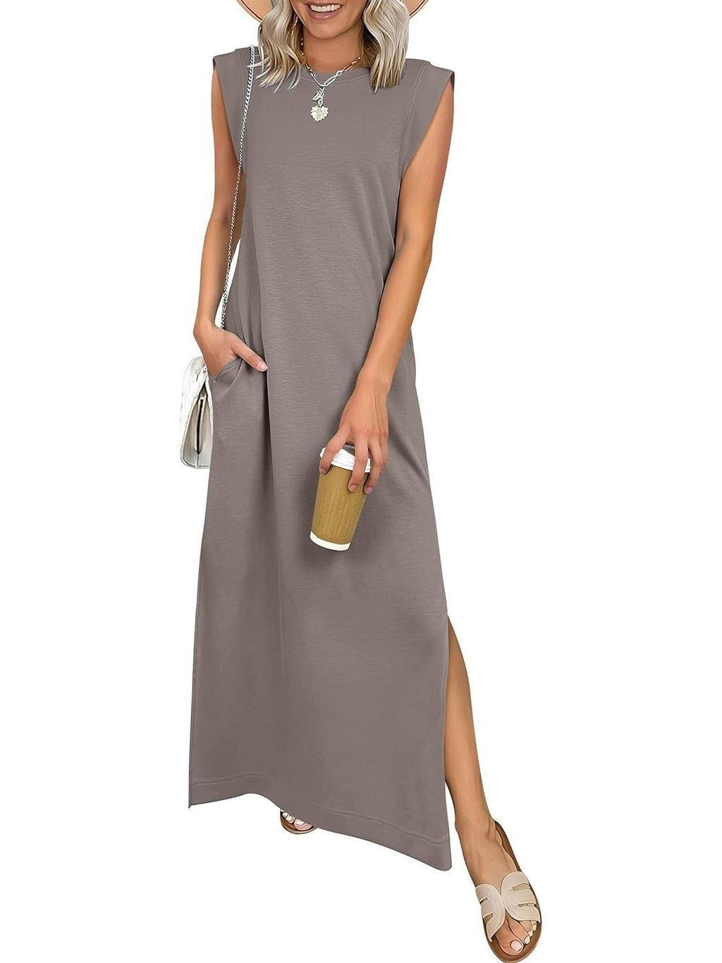 Women's Round Neck Raglan Sleeve Pocket Long Dress