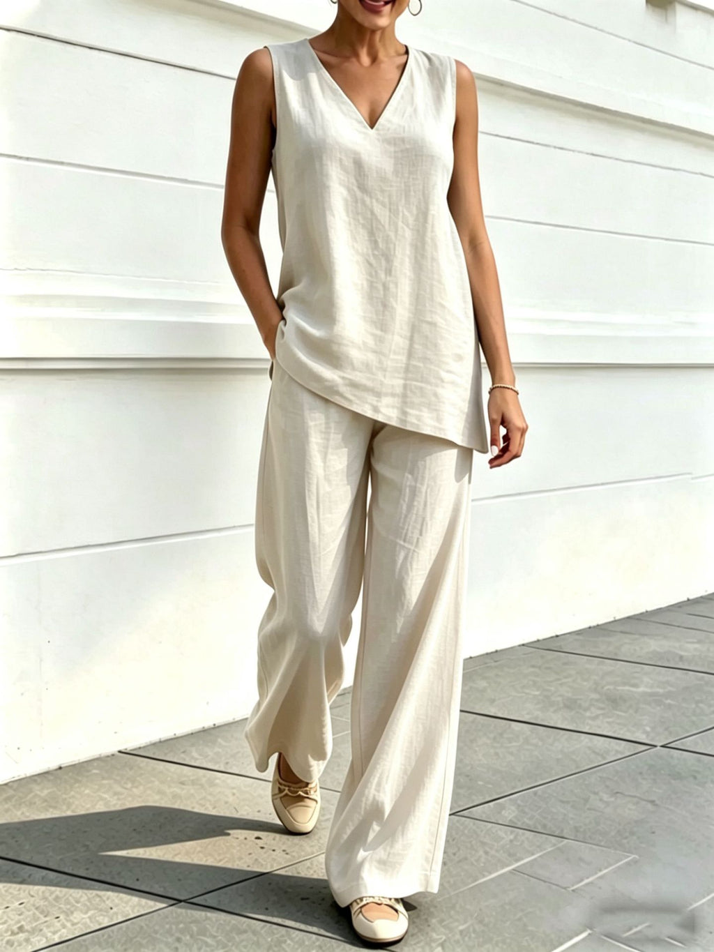 Women's Linen Cotton V-Neck Top & Wide-Leg Pants Set