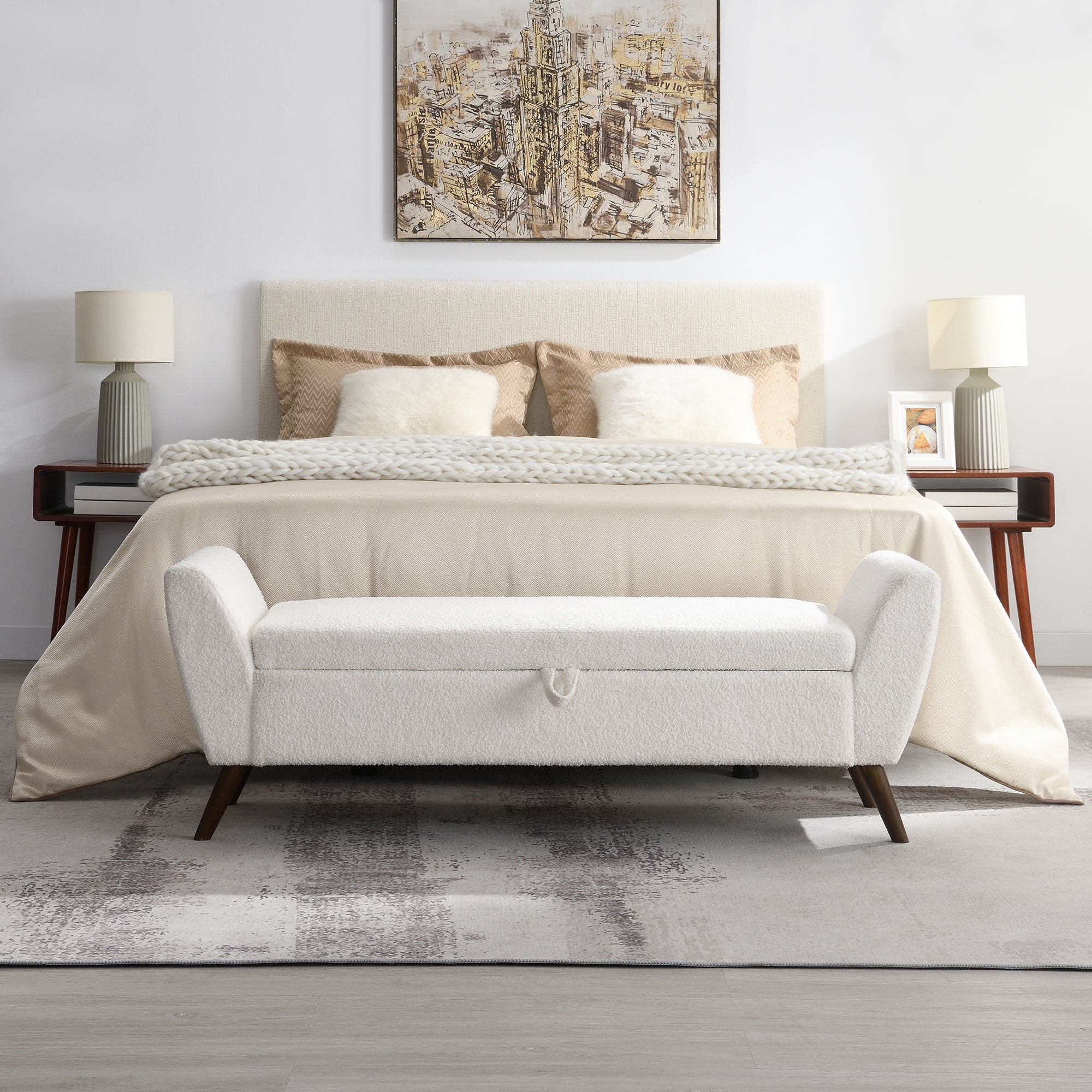 60" Modern Storage Bench with Mid-Century Wood Legs