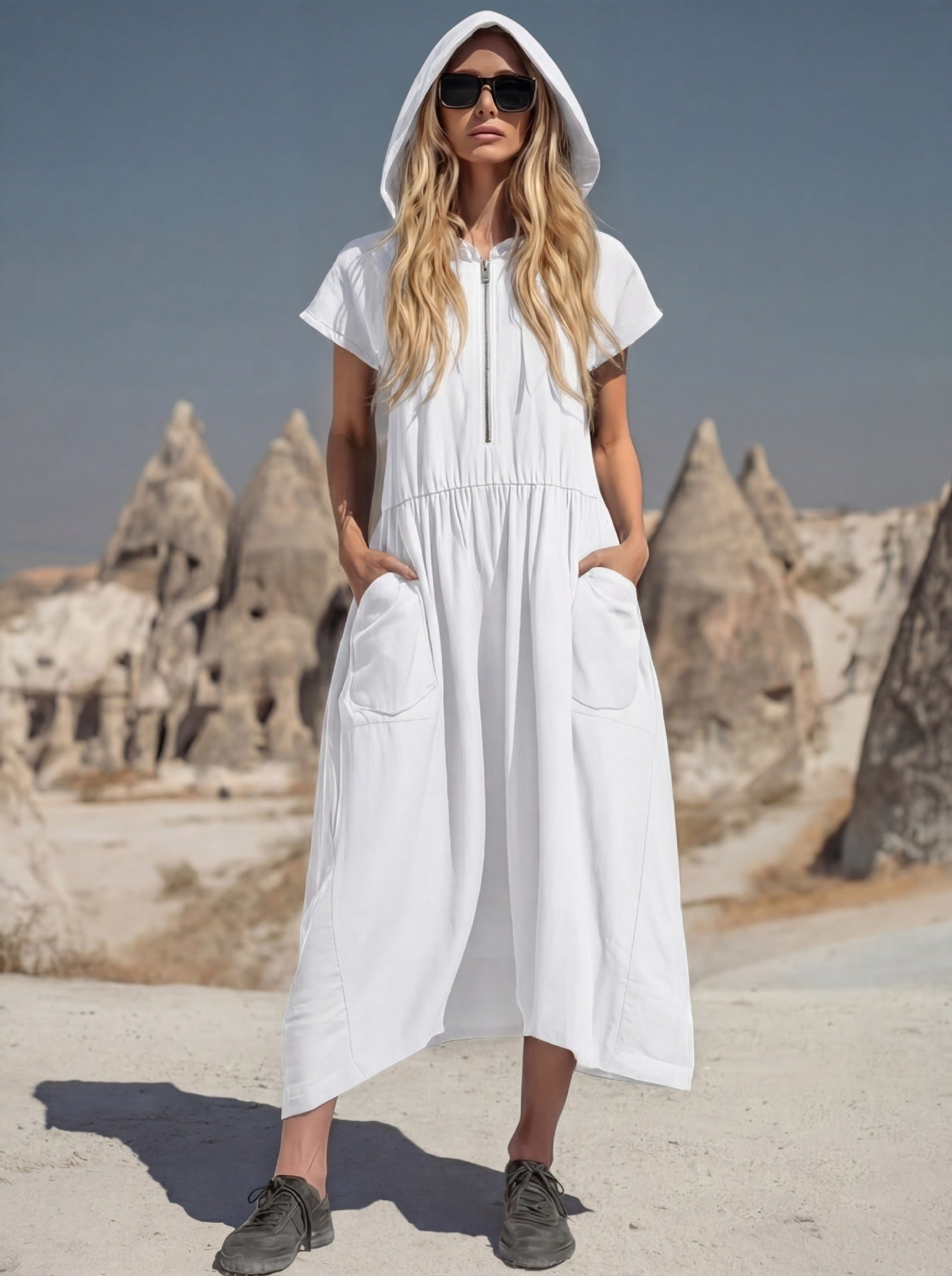 Hooded Half-Zip Mid-Length Dress
